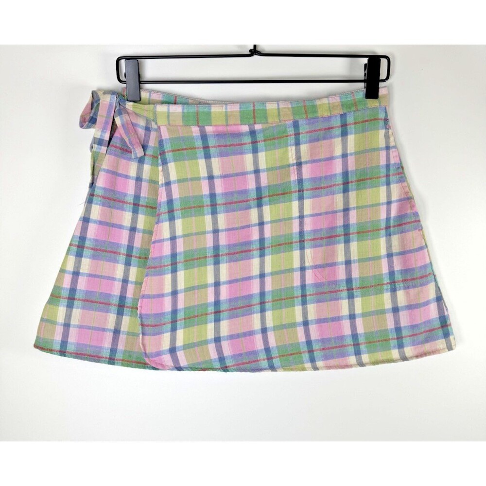 Vintage Cal Sport Wrap‎ Skirt Womens Medium Plaid Madras Cotton Pastel 90s USA